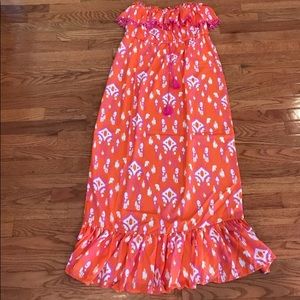 MudPie Coral and Pink Ruffle Strapless Dress